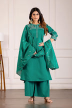Lorenvalley Fashion Teal Viscose Mango Silk Multi Embroidery Thread with Hand Work Kurta Palazzo Dupatta - Distacart
