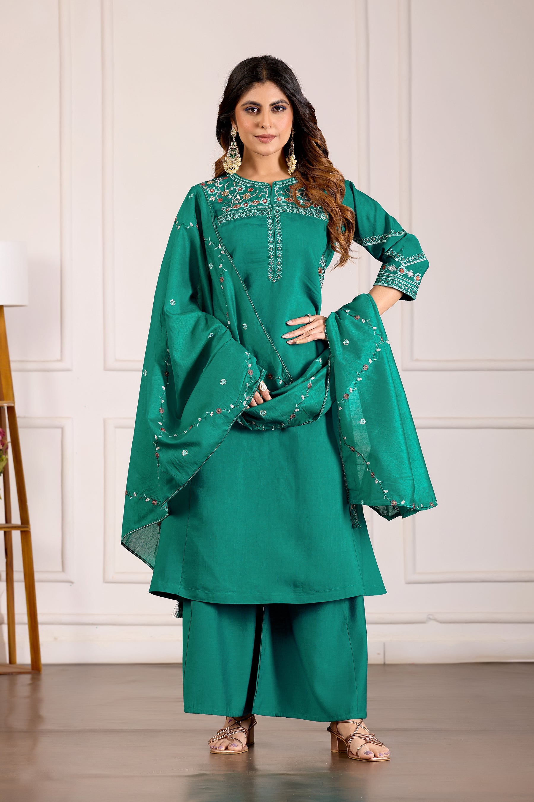 Lorenvalley Fashion Teal Viscose Mango Silk Multi Embroidery Thread with Hand Work Kurta Palazzo Dupatta - Distacart