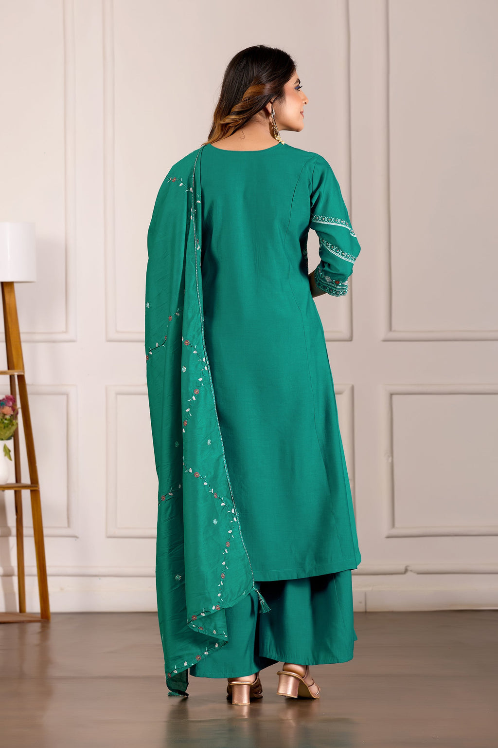 Lorenvalley Fashion Teal Viscose Mango Silk Multi Embroidery Thread with Hand Work Kurta Palazzo Dupatta - Distacart