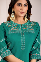 Lorenvalley Fashion Teal Viscose Mango Silk Multi Embroidery Thread with Hand Work Kurta Palazzo Dupatta - Distacart