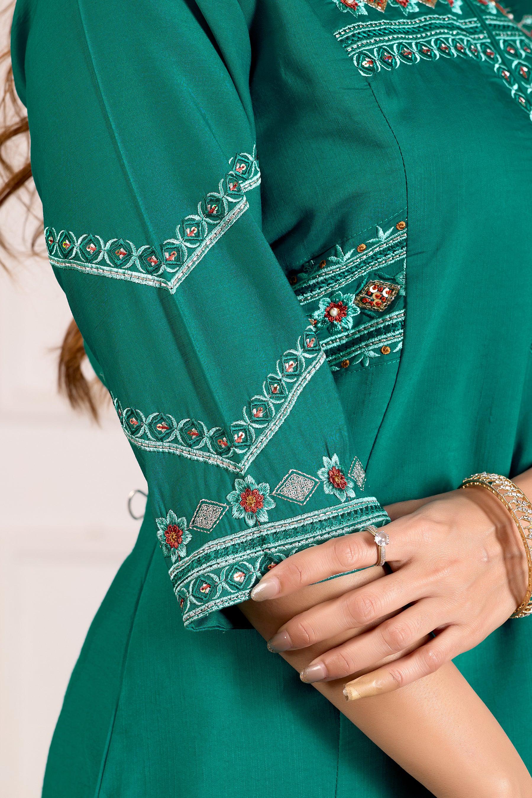 Lorenvalley Fashion Teal Viscose Mango Silk Multi Embroidery Thread with Hand Work Kurta Palazzo Dupatta - Distacart