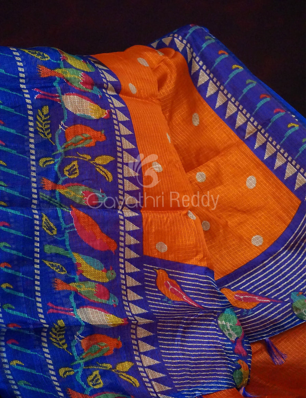 Orange Coloured Saree With Contrast Royal Blue Printed Semi Soft Silk Kota Saree By Gayathri Reddy Designer Studio