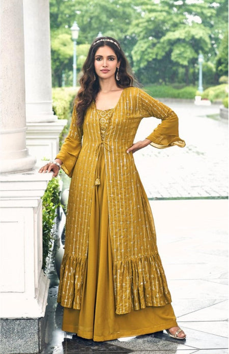 Anaita Mustard Georgette Stitched Shrug Suit With Sequence Thread Work