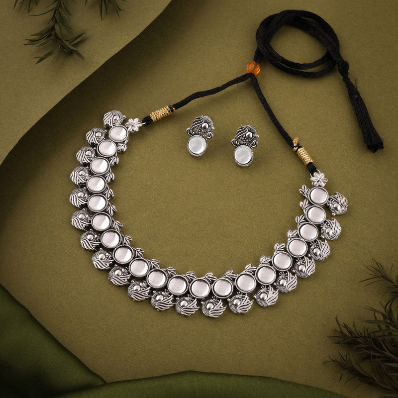Tehzeeb Creations Silver Plated White Colour Stone Jewellery Choker Necklace Set With Matching Pair of Stud Earrings