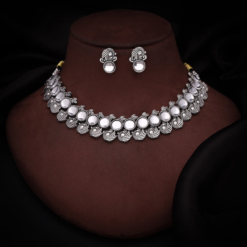Tehzeeb Creations Silver Plated White Colour Stone Jewellery Choker Necklace Set With Matching Pair of Stud Earrings