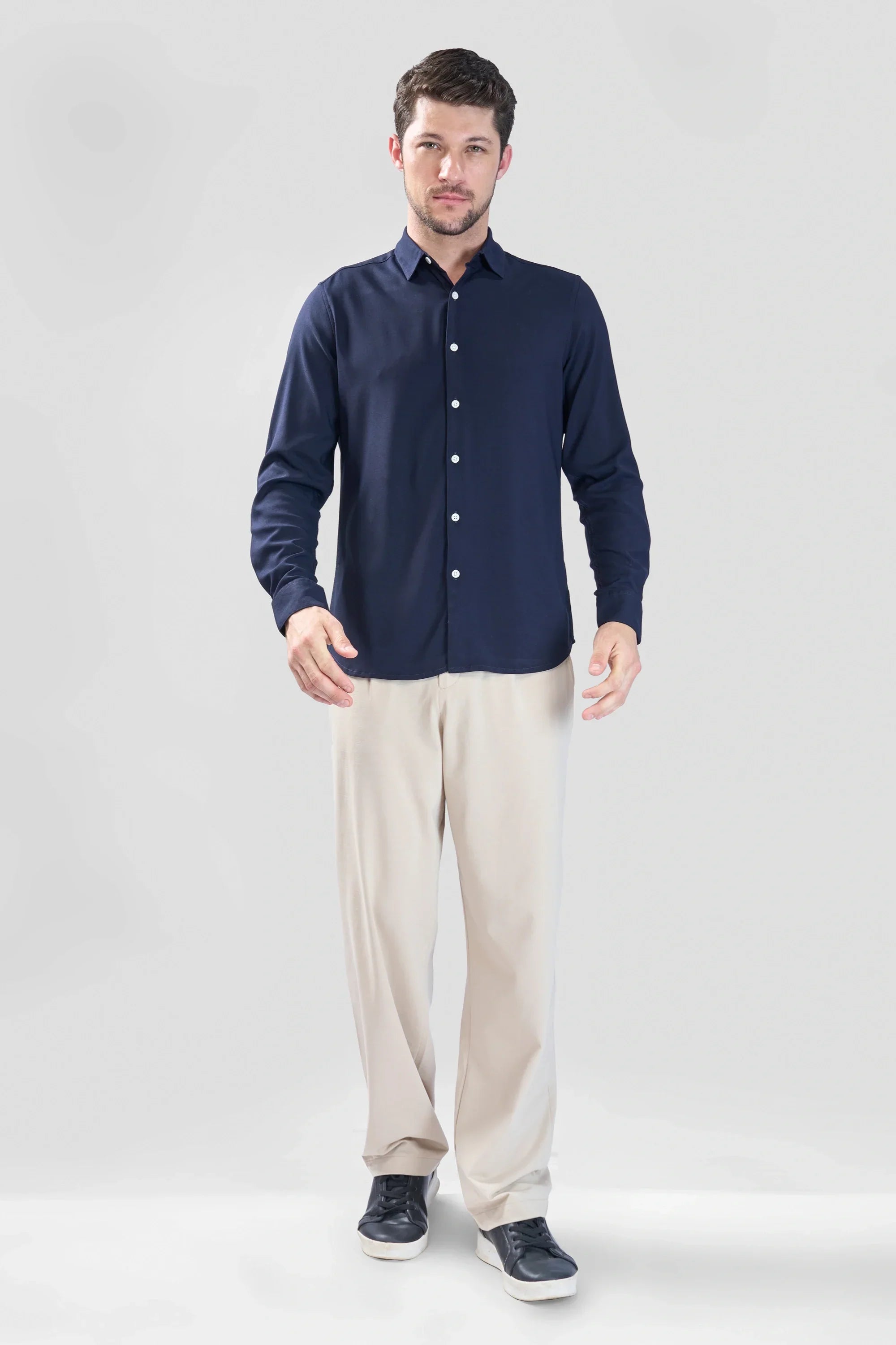 Xkind Navy Blue Plain Slim Fit Shirt