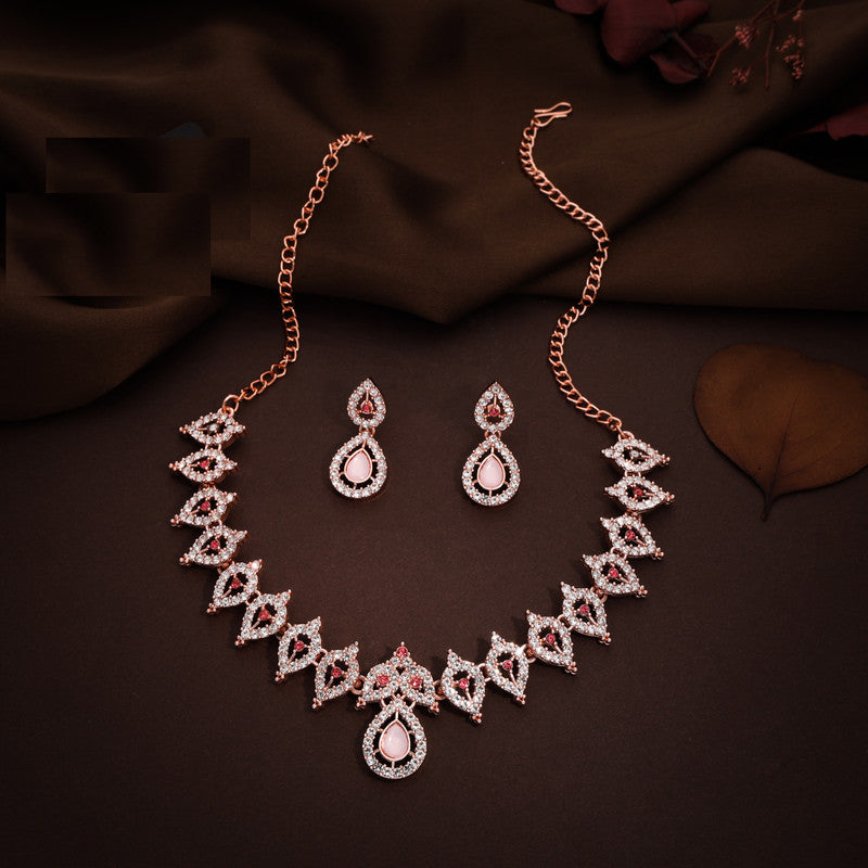 Tehzeeb Creations Pink Colour Diamond Choker Necklace Jewellery Set With Matching Pair of Earrings For Women And Girls