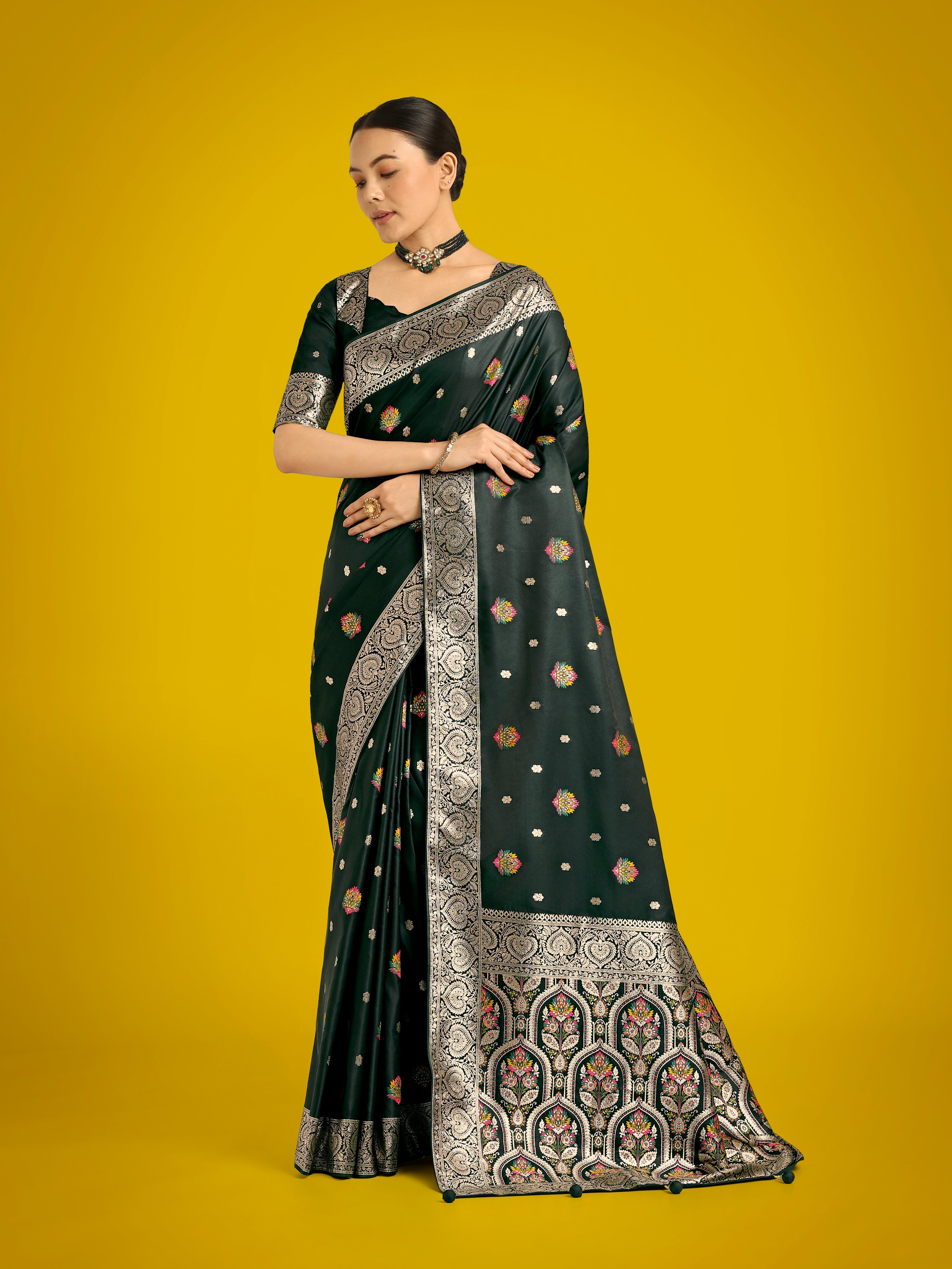 Monjolika Fashion Dark Green Charming Soft Banarasi Zari Woven Designer Satin Silk Saree With Lovely Blouse Piece - Distacart