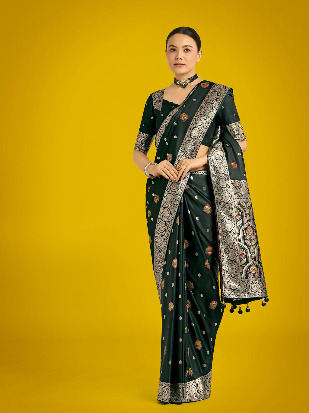 Monjolika Fashion Dark Green Charming Soft Banarasi Zari Woven Designer Satin Silk Saree With Lovely Blouse Piece - Distacart