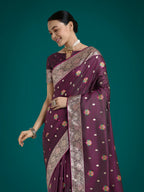 Monjolika Fashion Wine Charming Soft Banarasi Zari Woven Designer Satin Silk Saree With Lovely Blouse Piece - Distacart