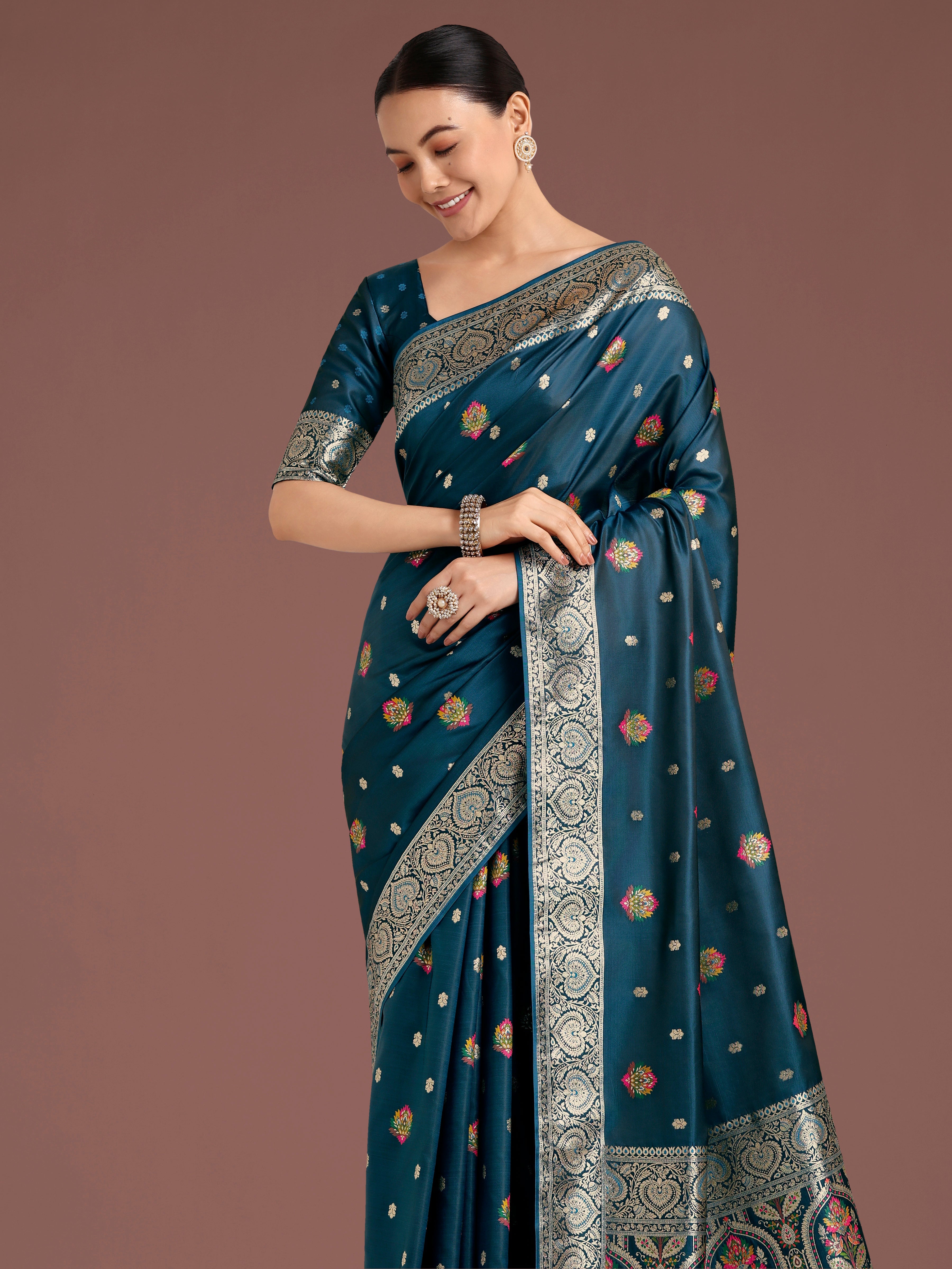 Monjolika Fashion Teal Charming Soft Banarasi Zari Woven Designer Satin Silk Saree With Lovely Blouse Piece - Distacart