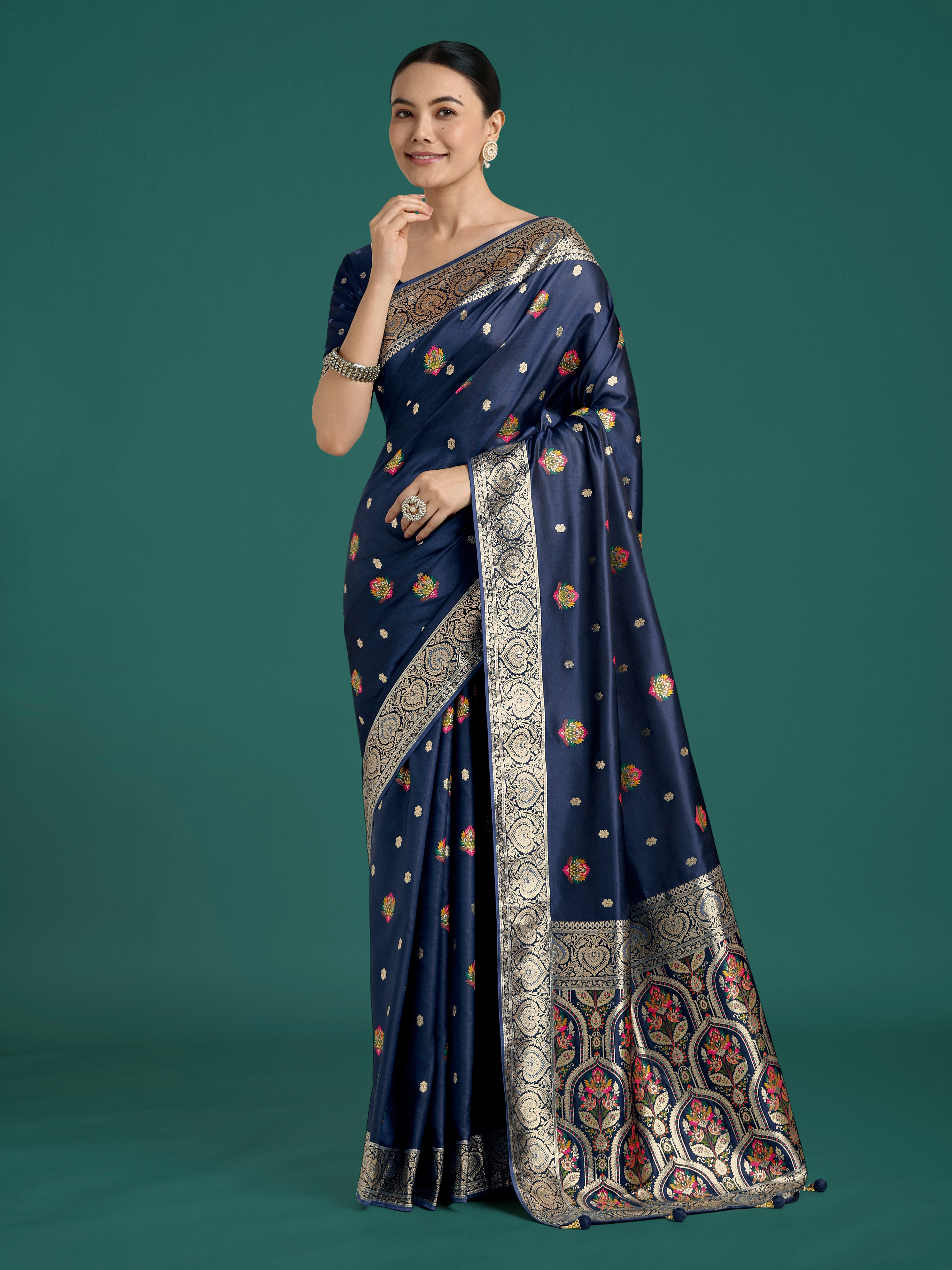 Monjolika Fashion Navy blue Charming Soft Banarasi Zari Woven Designer Satin Silk Saree With Lovely Blouse Piece - Distacart
