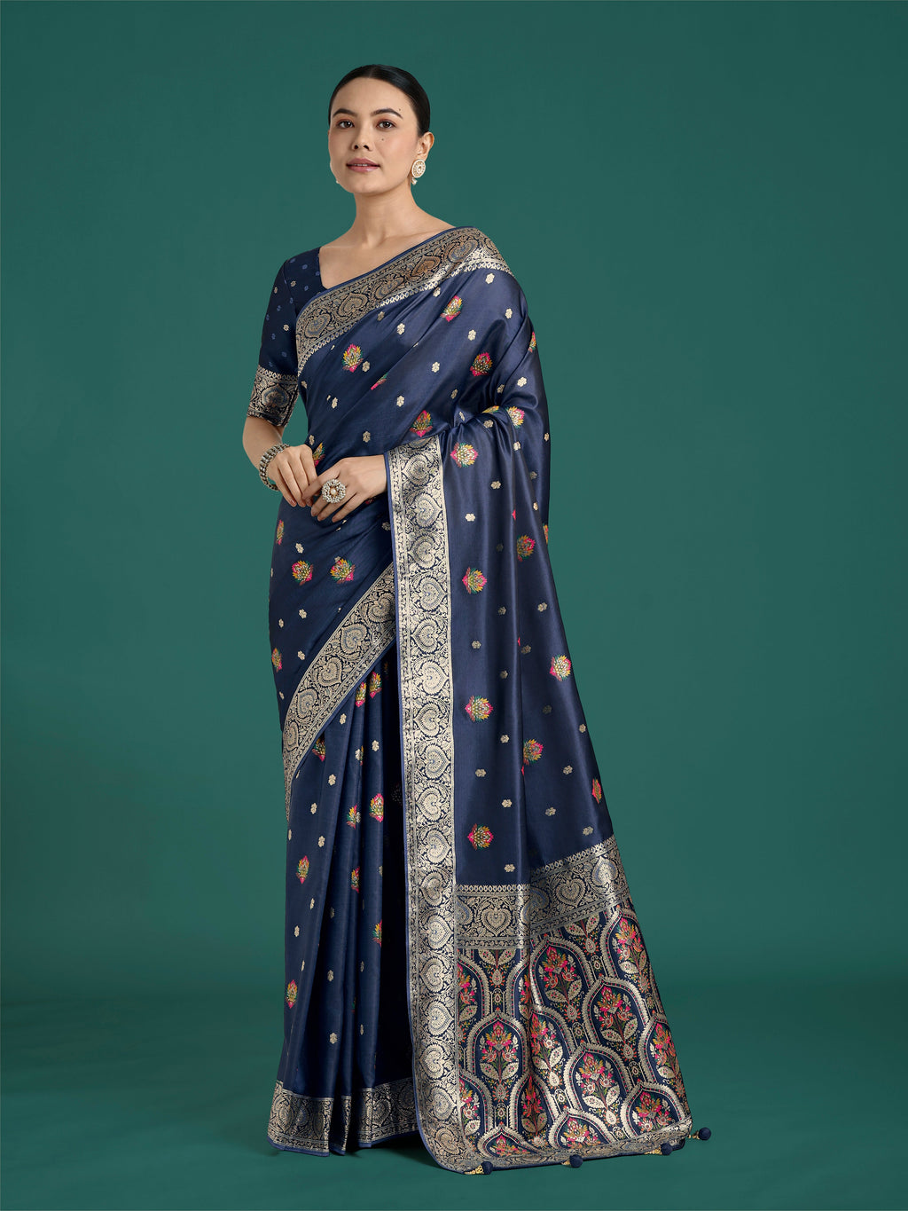 Monjolika Fashion Navy blue Charming Soft Banarasi Zari Woven Designer Satin Silk Saree With Lovely Blouse Piece - Distacart