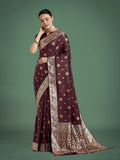 Monjolika Fashion Maroon Charming Soft Banarasi Zari Woven Designer Satin Silk Saree With Lovely Blouse Piece - Distacart
