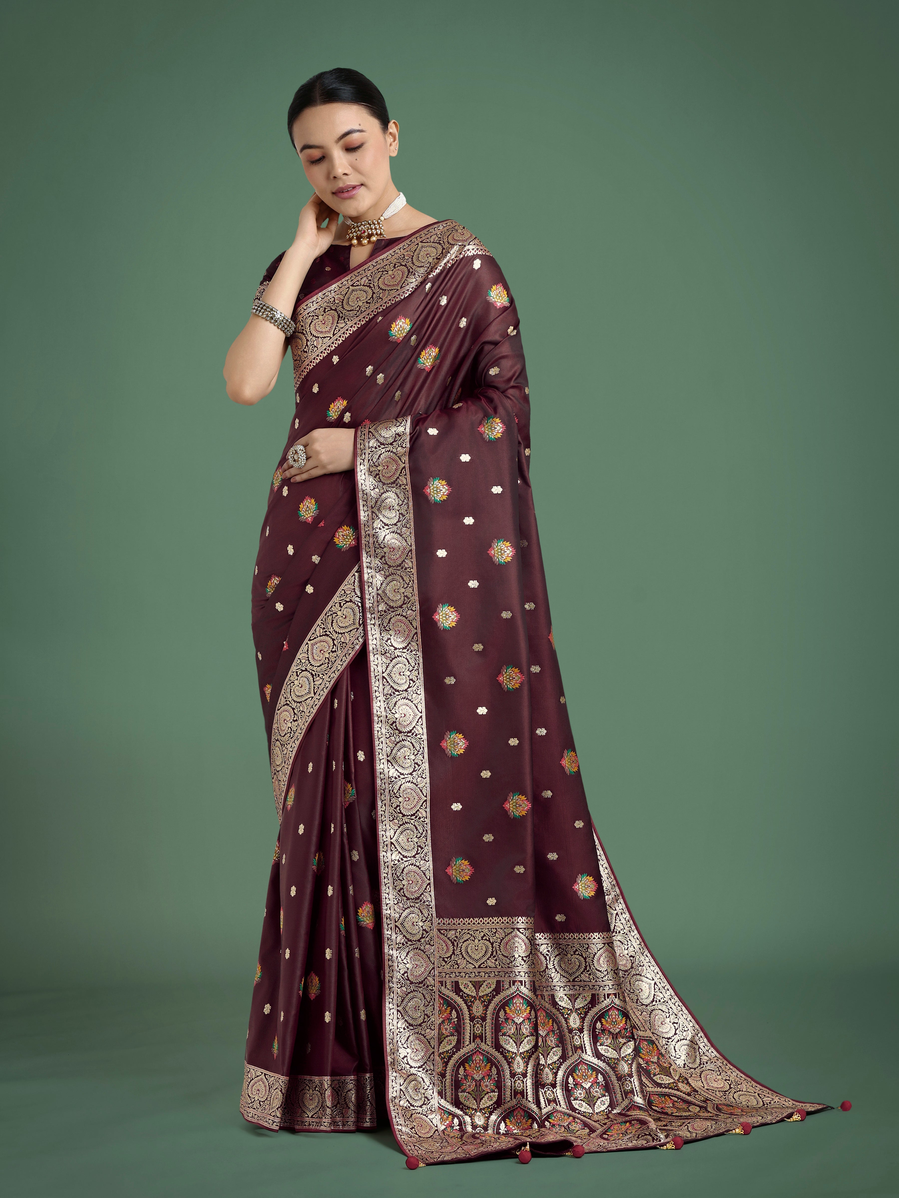 Monjolika Fashion Maroon Charming Soft Banarasi Zari Woven Designer Satin Silk Saree With Lovely Blouse Piece - Distacart