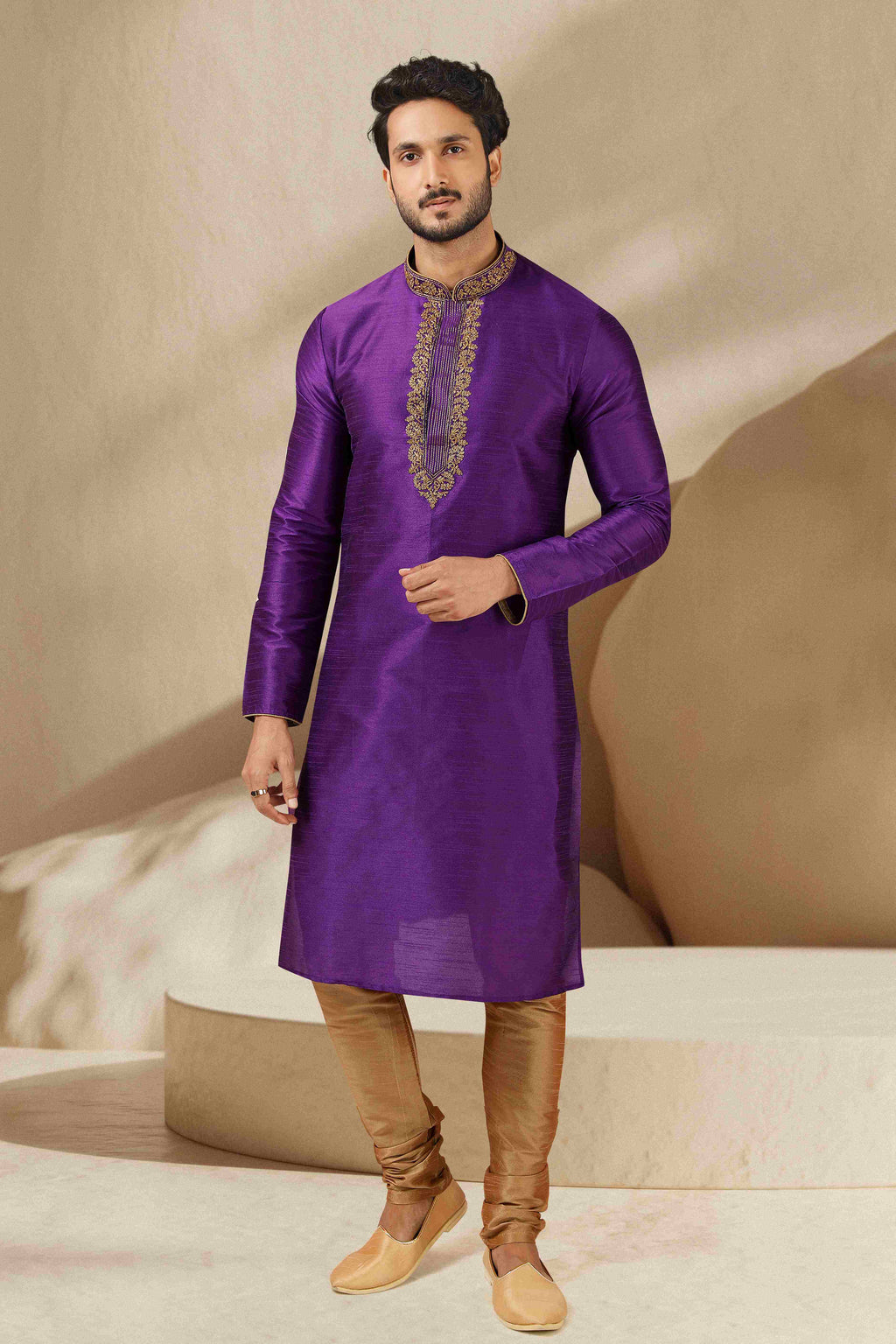 Raivat Ethnic Banarasi Art Silk Thread Work Kurta Pajama In Purple Colour - Distacart