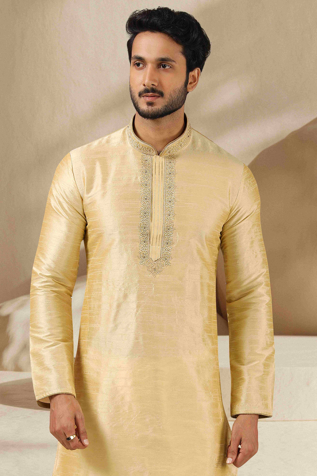 Raivat Ethnic Banarasi Art Silk Thread Work Kurta Pajama In Gold Colour - Distacart