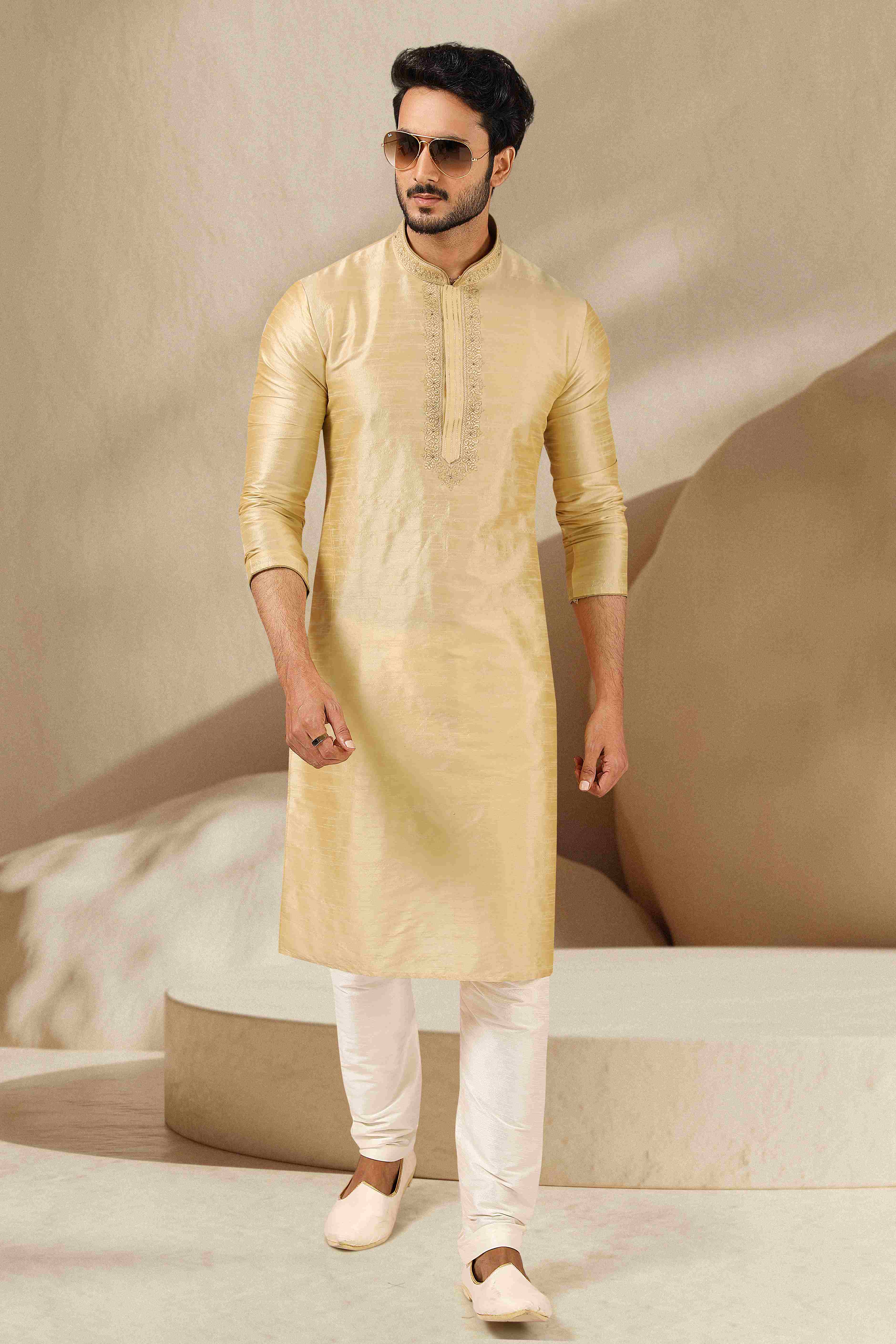 Raivat Ethnic Banarasi Art Silk Thread Work Kurta Pajama In Gold Colour - Distacart