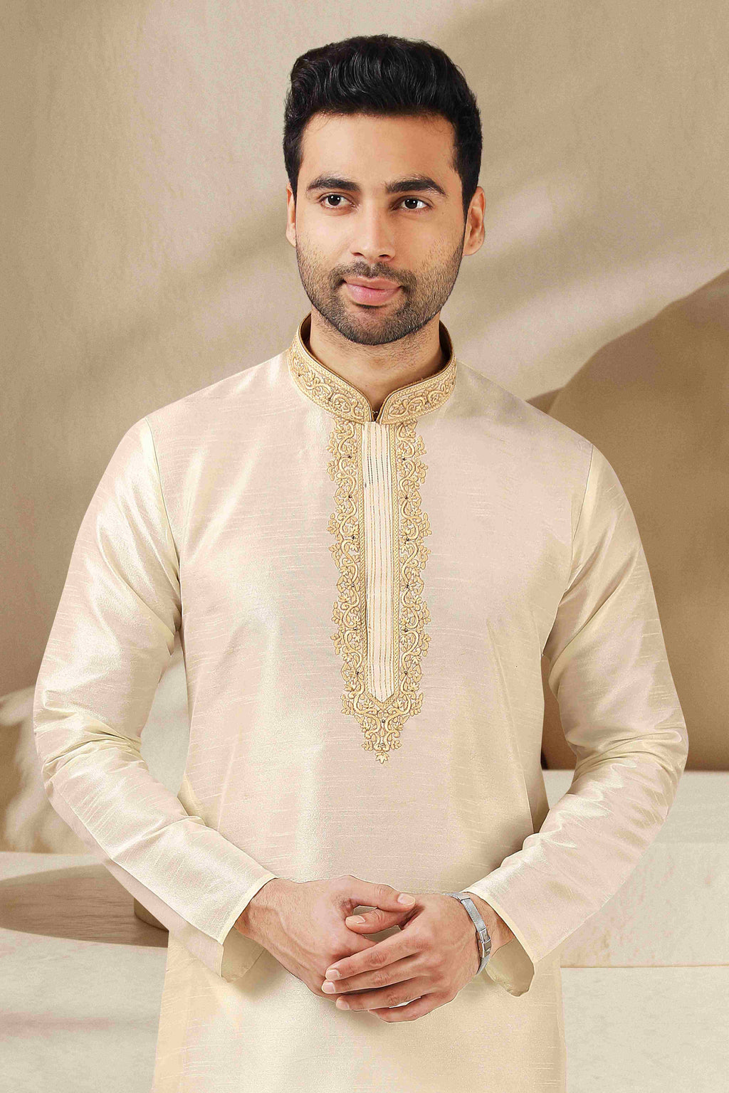 Raivat Ethnic Banarasi Art Silk Thread Work Kurta Pajama In Lemon Cream Colour - Distacart