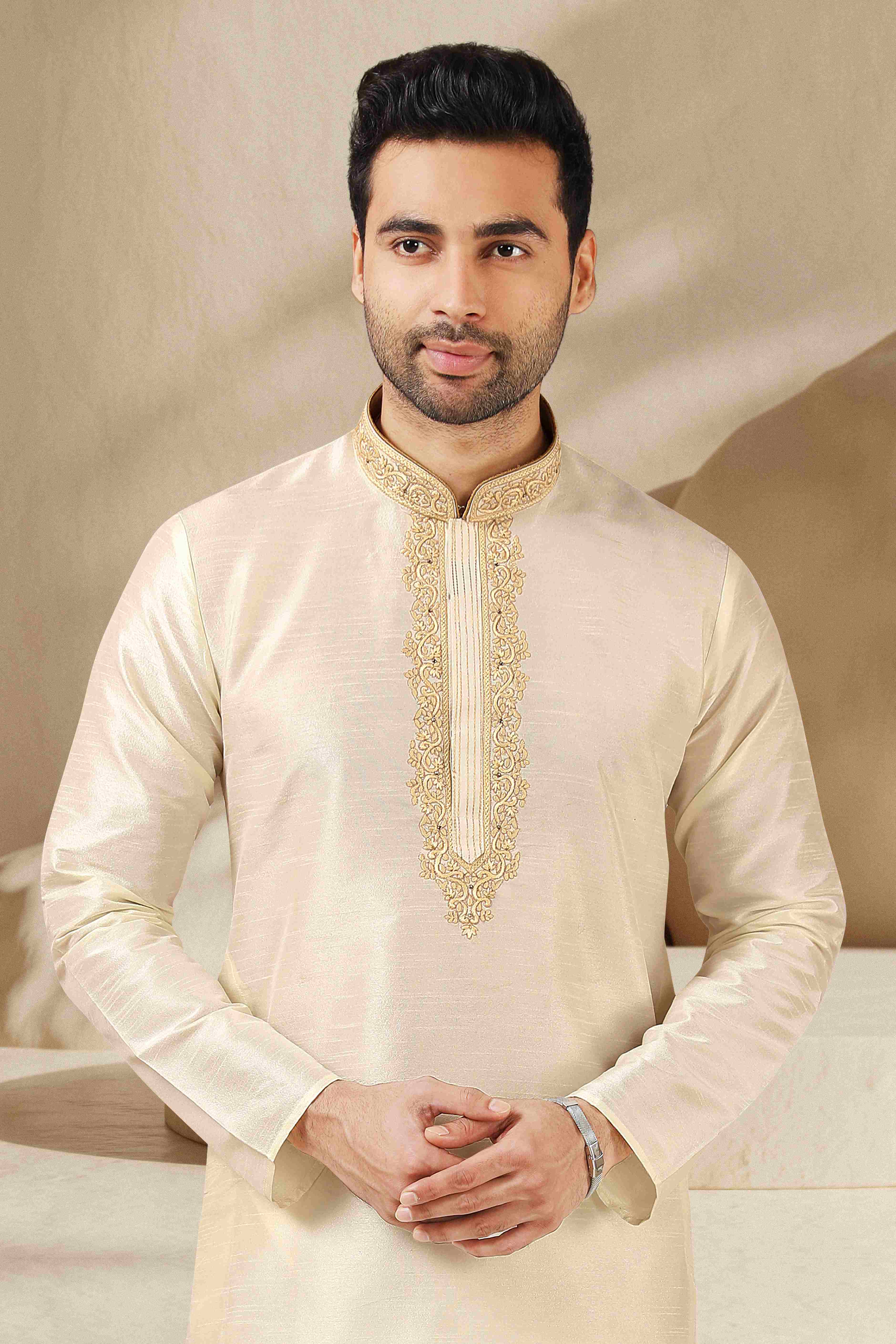 Raivat Ethnic Banarasi Art Silk Thread Work Kurta Pajama In Lemon Cream Colour - Distacart