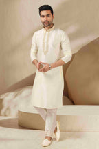 Raivat Ethnic Banarasi Art Silk Thread Work Kurta Pajama In Lemon Cream Colour - Distacart