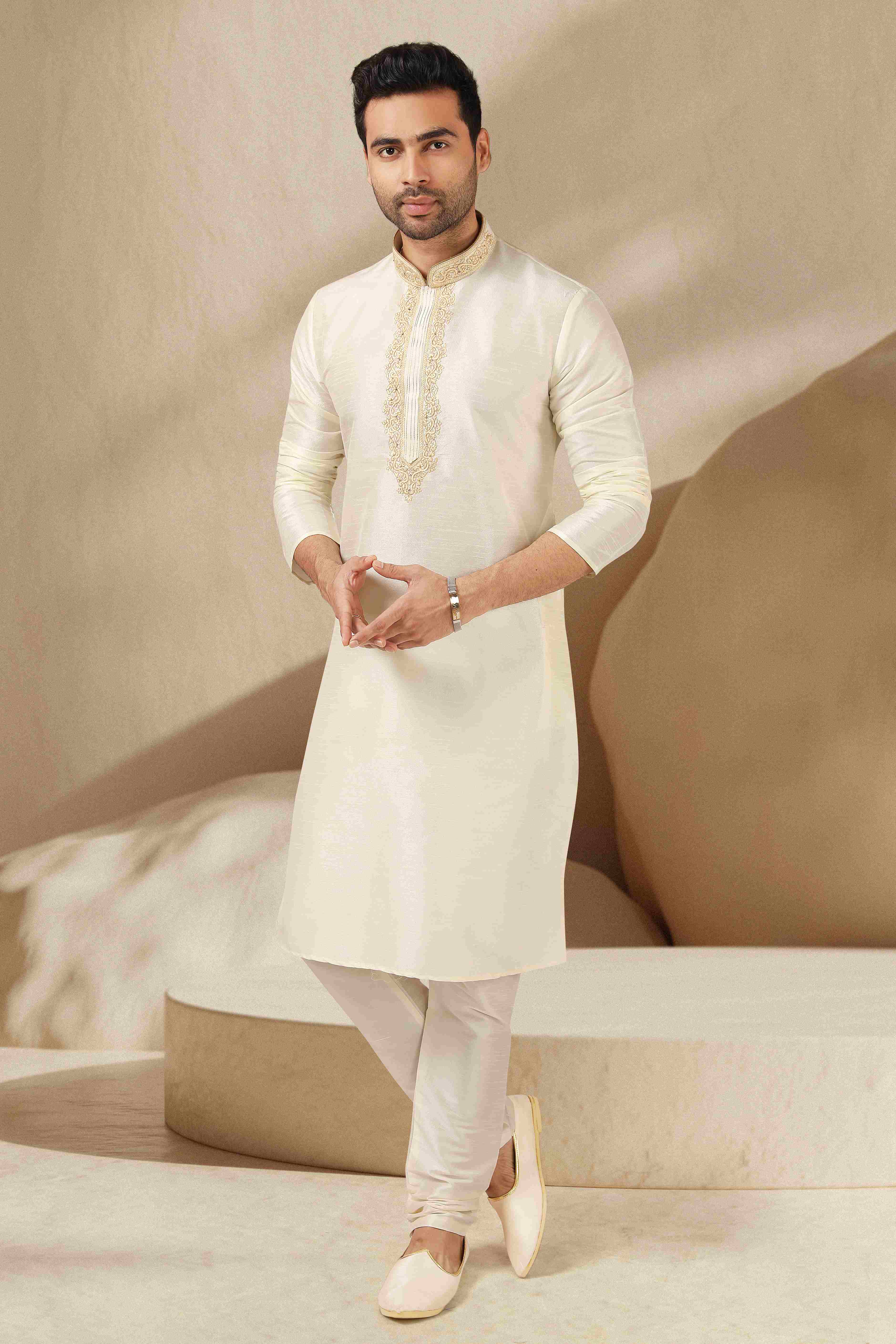 Raivat Ethnic Banarasi Art Silk Thread Work Kurta Pajama In Lemon Cream Colour - Distacart