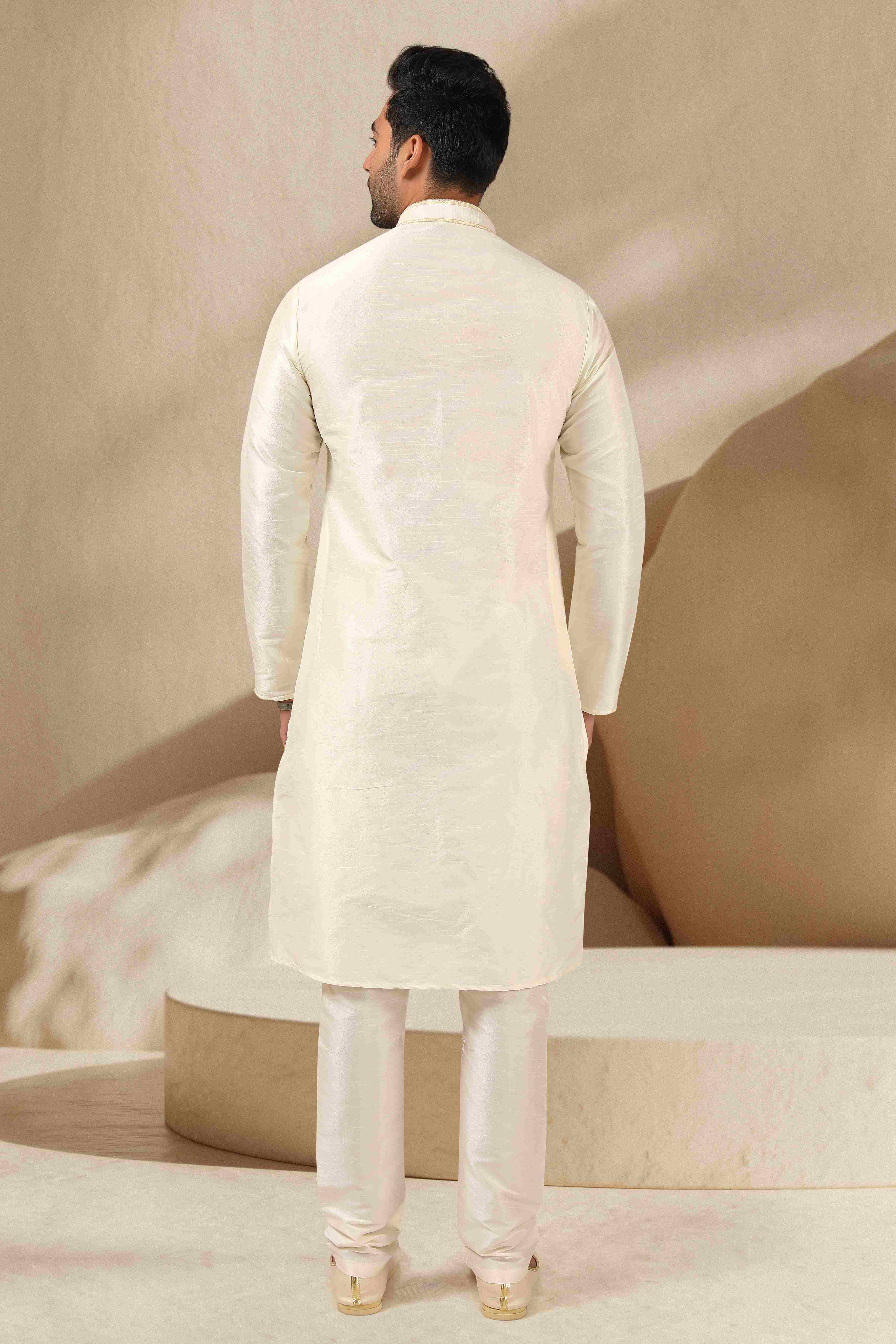 Raivat Ethnic Banarasi Art Silk Thread Work Kurta Pajama In Lemon Cream Colour - Distacart