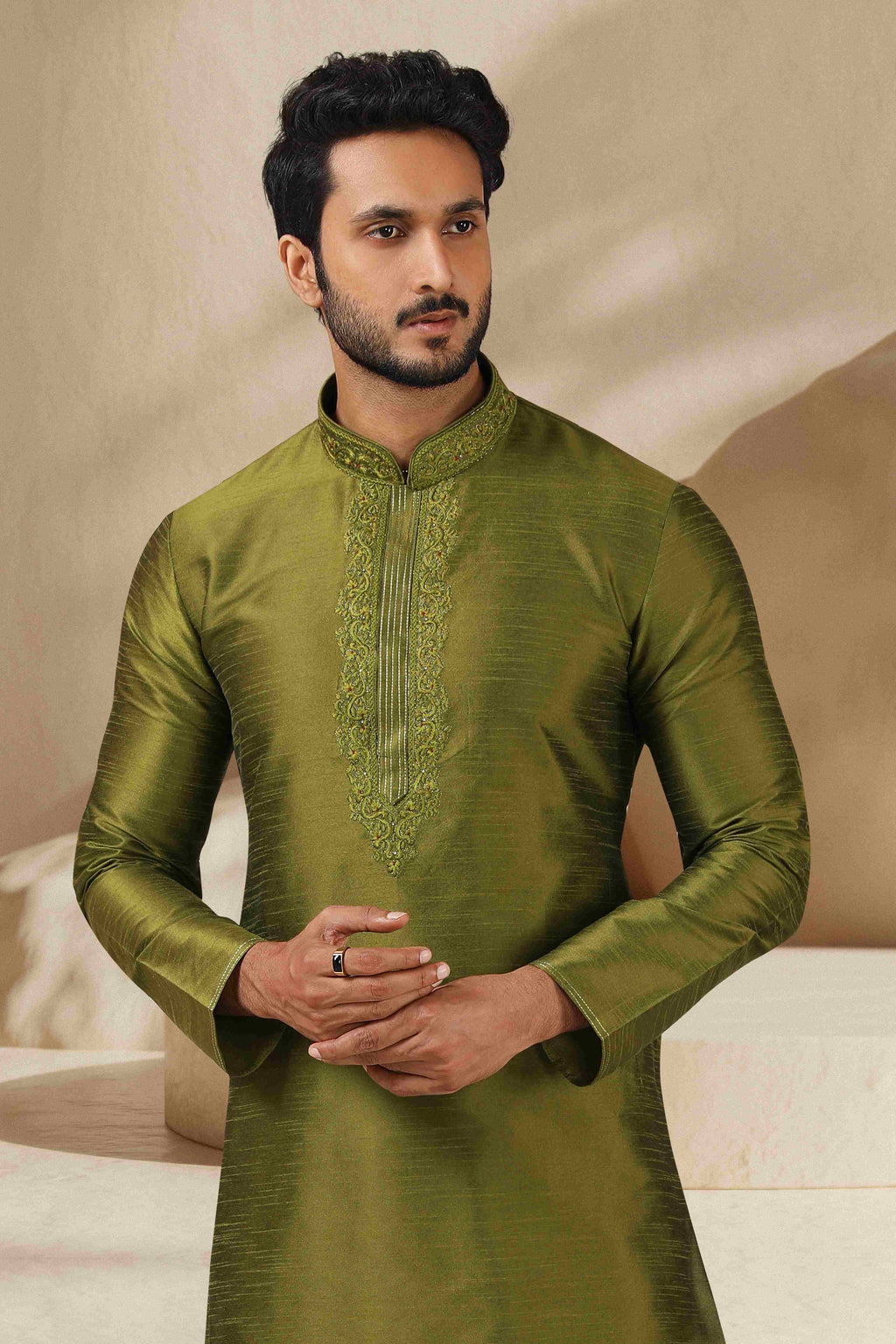 Raivat Ethnic Banarasi Art Silk Thread Work Kurta Pajama In Green Colour - Distacart