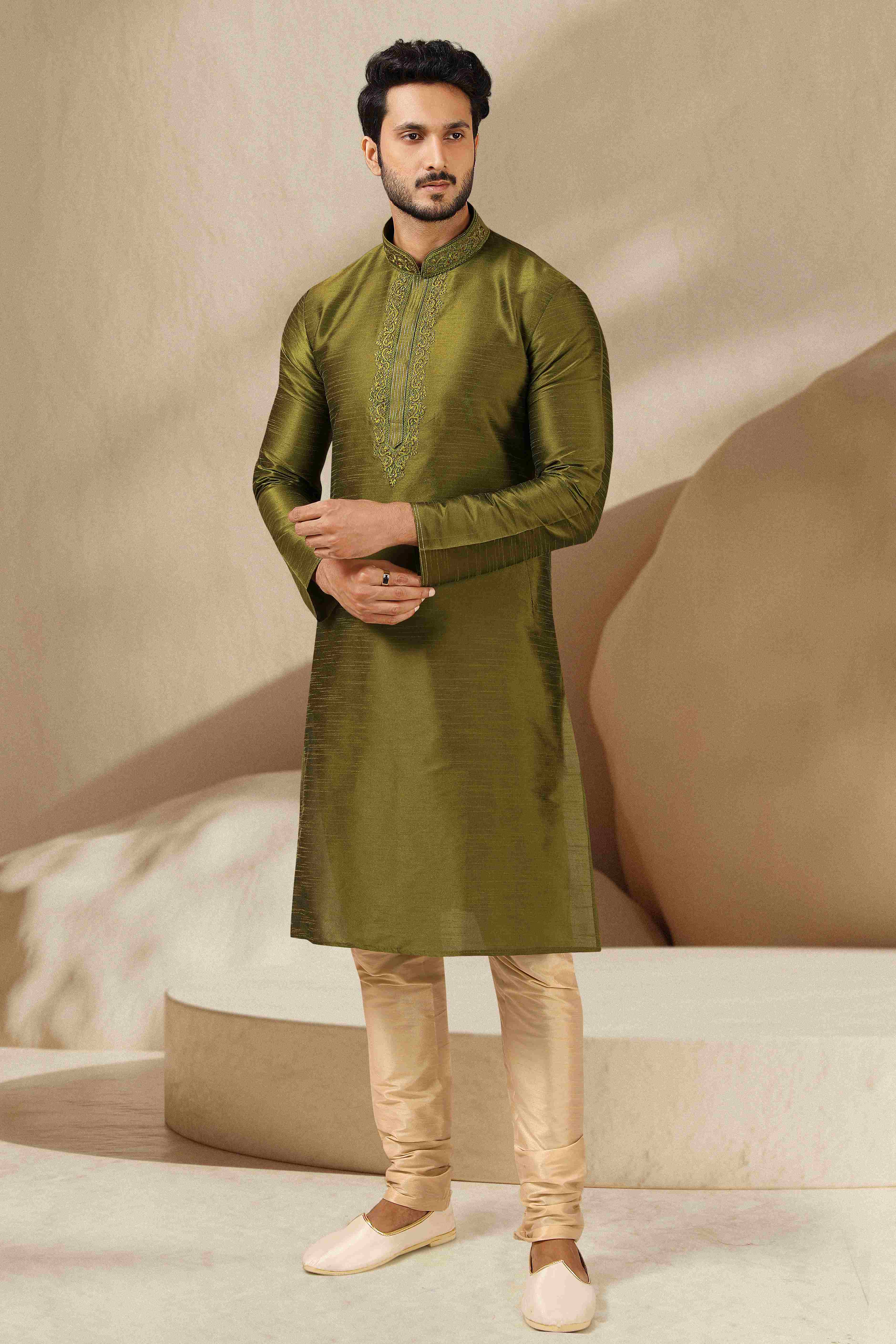 Raivat Ethnic Banarasi Art Silk Thread Work Kurta Pajama In Green Colour - Distacart