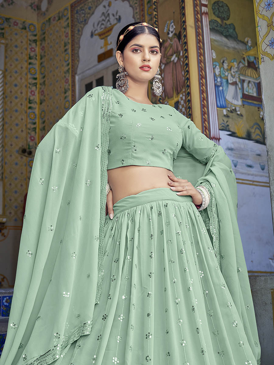 Myra Pista Green Georgette Embroidered Designer Lehenga Choli