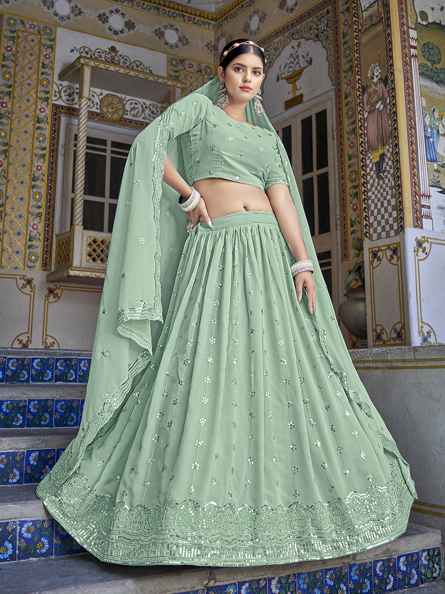Myra Pista Green Georgette Embroidered Designer Lehenga Choli