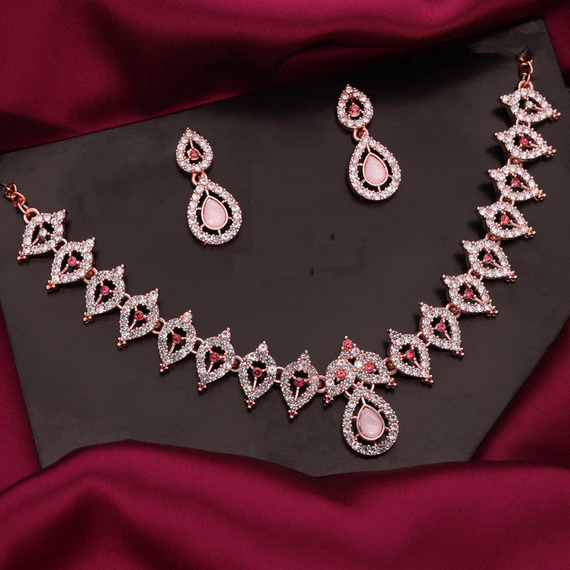 Tehzeeb Creations Pink Colour Diamond Choker Necklace Jewellery Set With Matching Pair of Earrings For Women And Girls