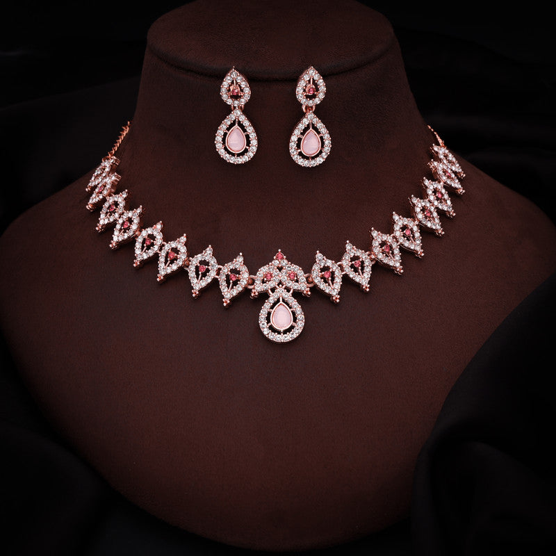 Tehzeeb Creations Pink Colour Diamond Choker Necklace Jewellery Set With Matching Pair of Earrings For Women And Girls
