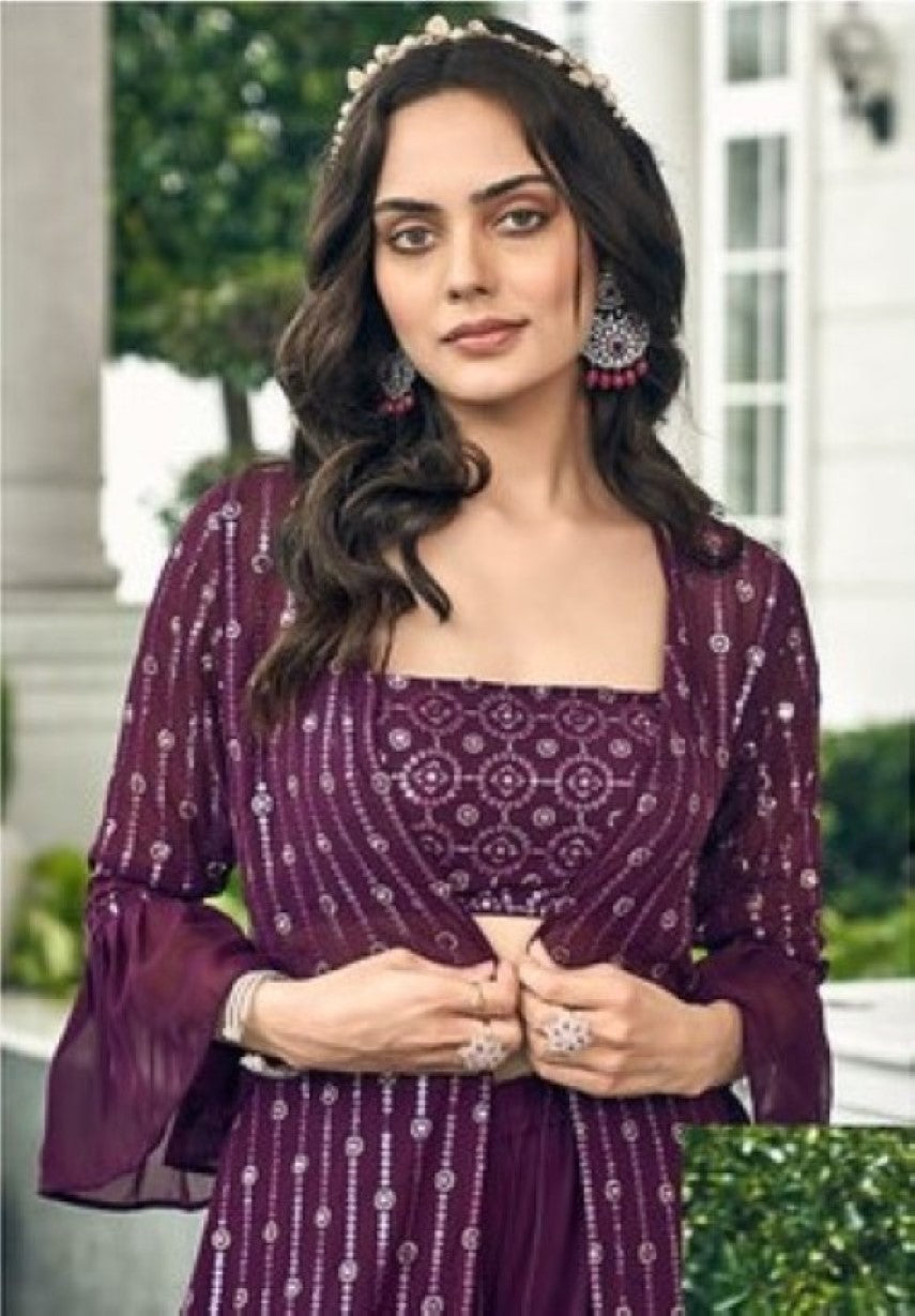 Anaita Purple Georgette Stitched Shrug Suit With Sequence Thread Work - Distacart
