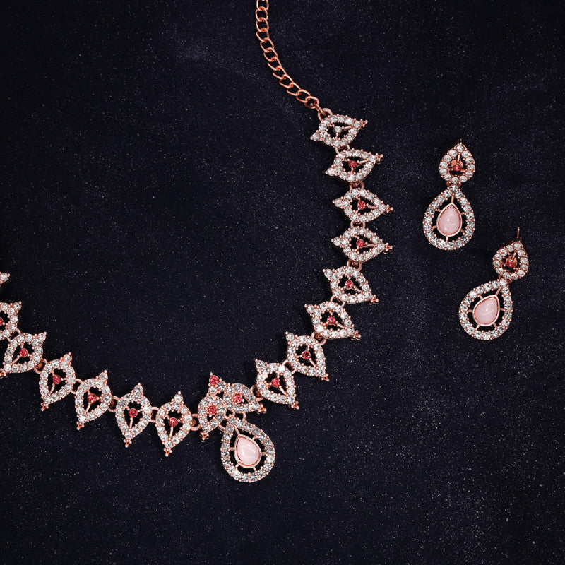 Tehzeeb Creations Pink Colour Diamond Choker Necklace Jewellery Set With Matching Pair of Earrings For Women And Girls