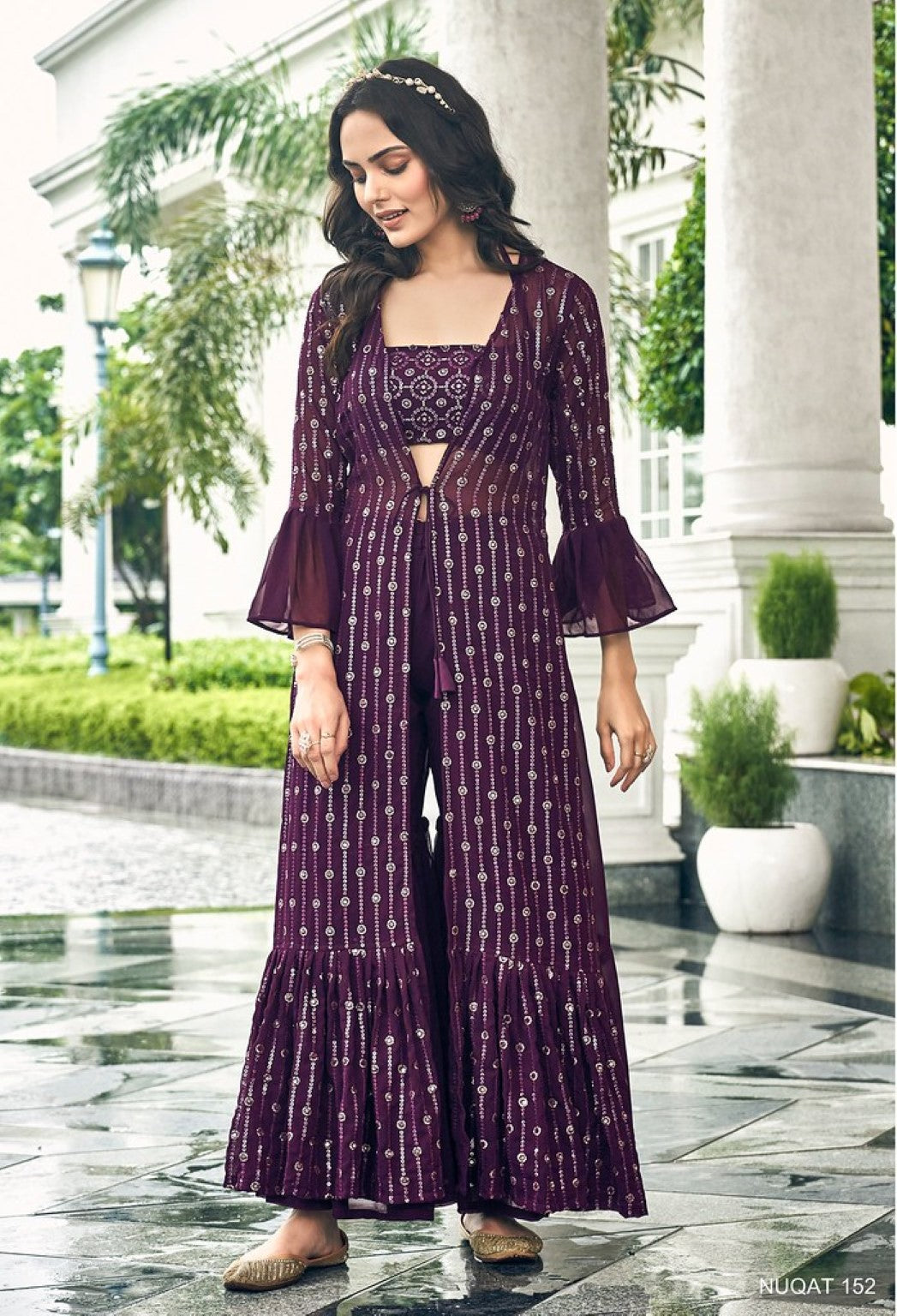 Anaita Purple Georgette Stitched Shrug Suit With Sequence Thread Work - Distacart