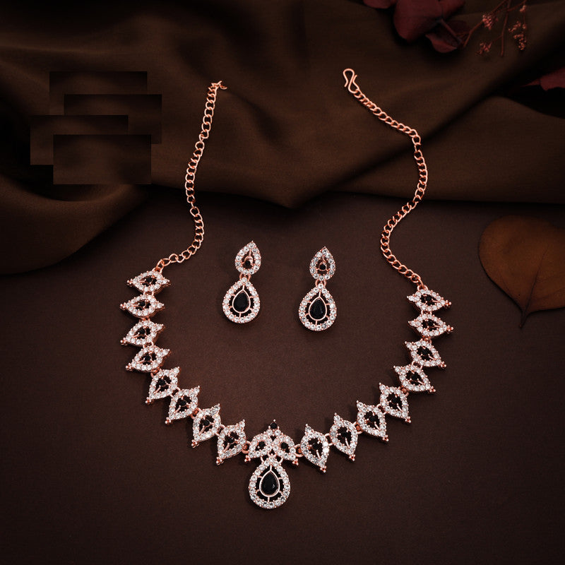 Tehzeeb Creations Shimmering Rose Gold Polished Ad Studded Necklace Jewellery Set With Matching Earrings For Women And Girls