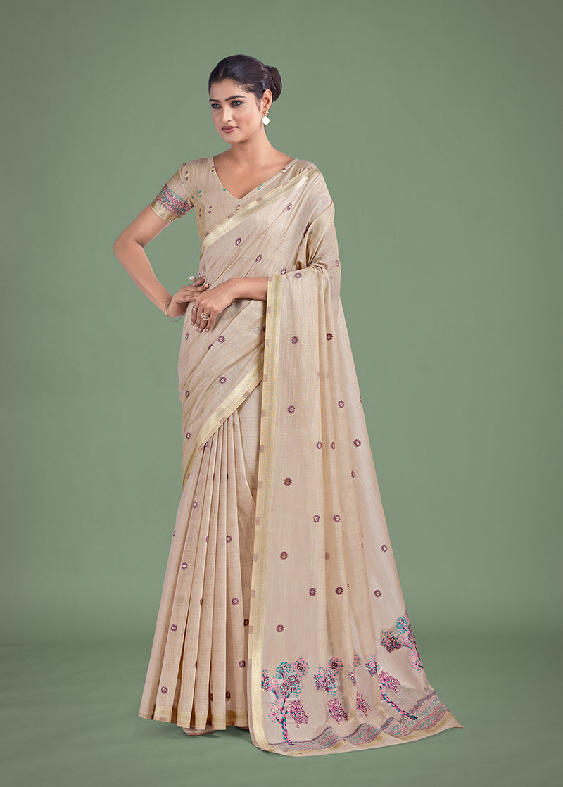 Monjolika Fashion Imaginative Beige & Pink Woven Butti Pattern Cotton Silk Saree - Distacart