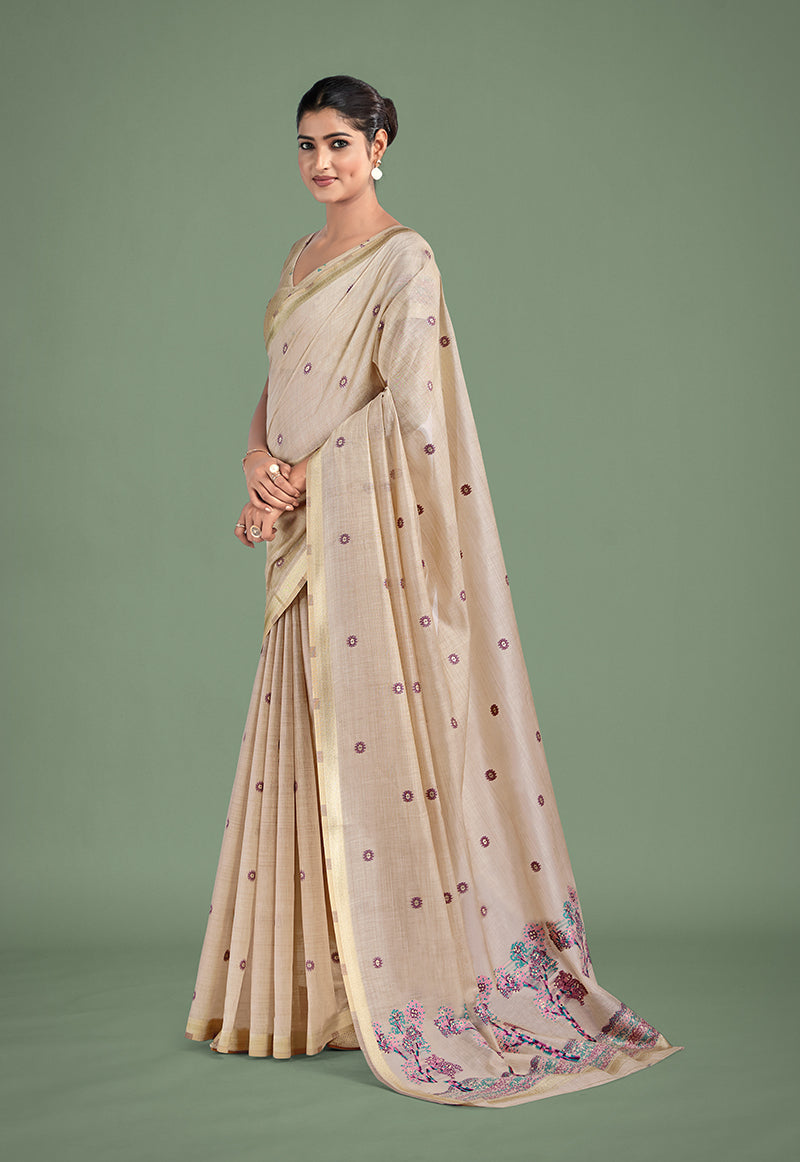Monjolika Fashion Imaginative Beige & Pink Woven Butti Pattern Cotton Silk Saree - Distacart