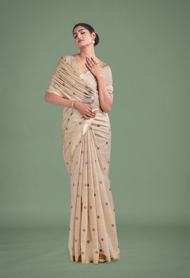 Monjolika Fashion Imaginative Beige & Pink Woven Butti Pattern Cotton Silk Saree - Distacart