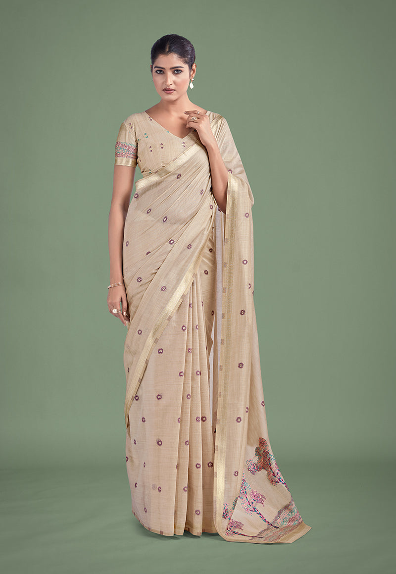 Monjolika Fashion Imaginative Beige & Pink Woven Butti Pattern Cotton Silk Saree - Distacart