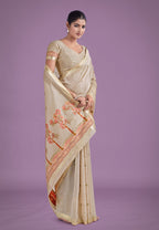 Monjolika Fashion Imaginative Beige & Red Woven Butti Pattern Cotton Silk Saree - Distacart