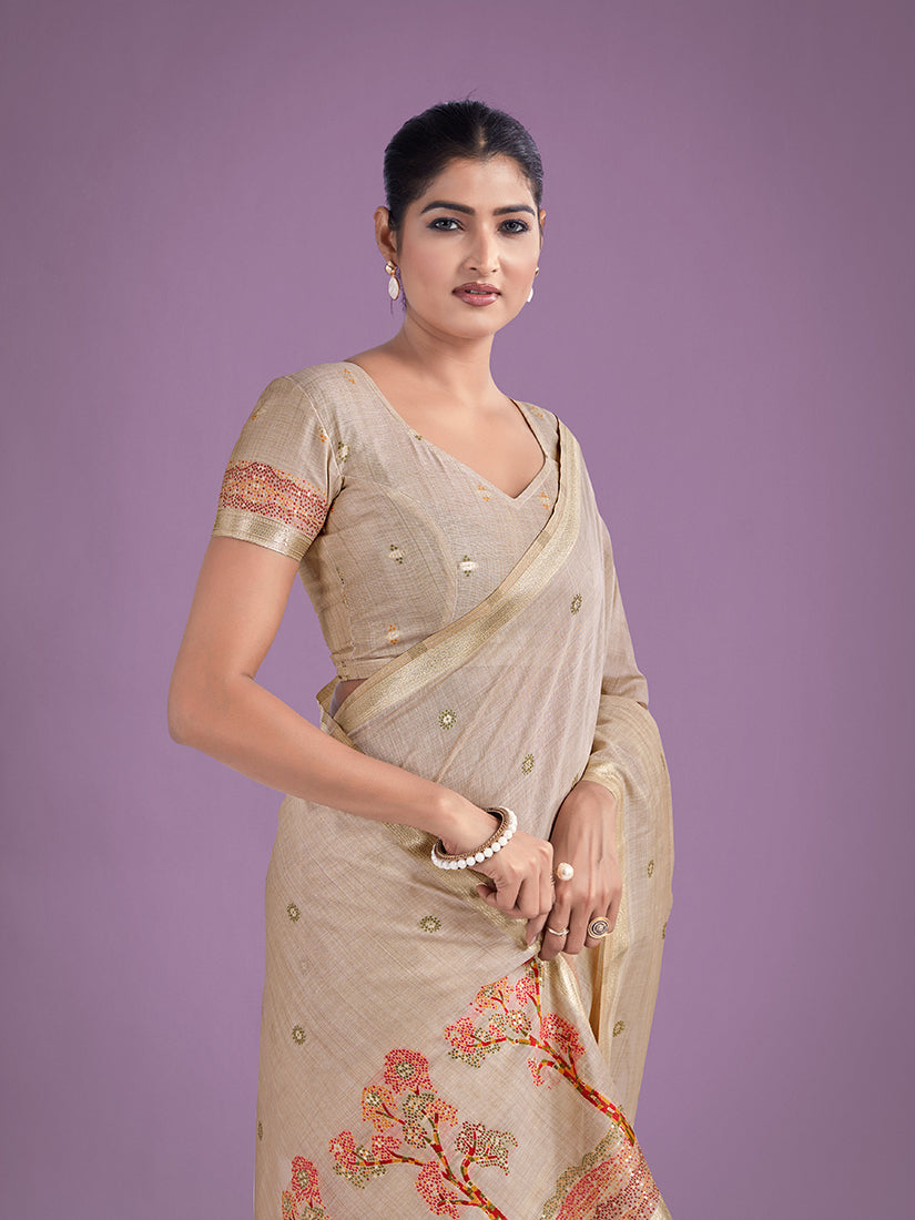 Monjolika Fashion Imaginative Beige & Red Woven Butti Pattern Cotton Silk Saree - Distacart