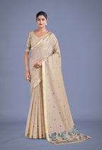 Monjolika Fashion Imaginative Beige & Blue Woven Butti Pattern Cotton Silk Saree - Distacart