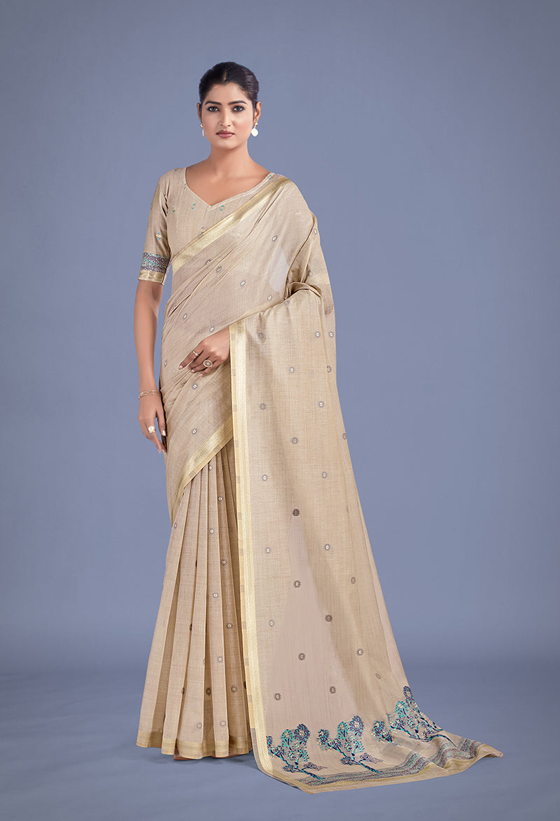 Monjolika Fashion Imaginative Beige & Blue Woven Butti Pattern Cotton Silk Saree - Distacart