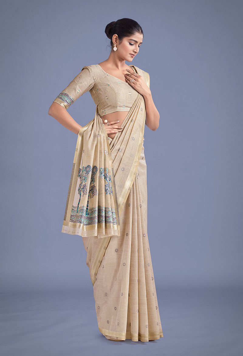 Monjolika Fashion Imaginative Beige & Blue Woven Butti Pattern Cotton Silk Saree - Distacart