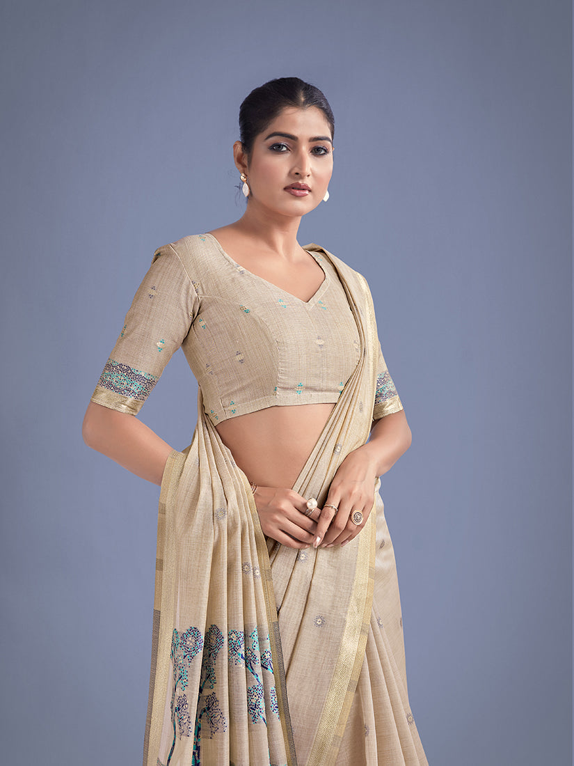 Monjolika Fashion Imaginative Beige & Blue Woven Butti Pattern Cotton Silk Saree - Distacart