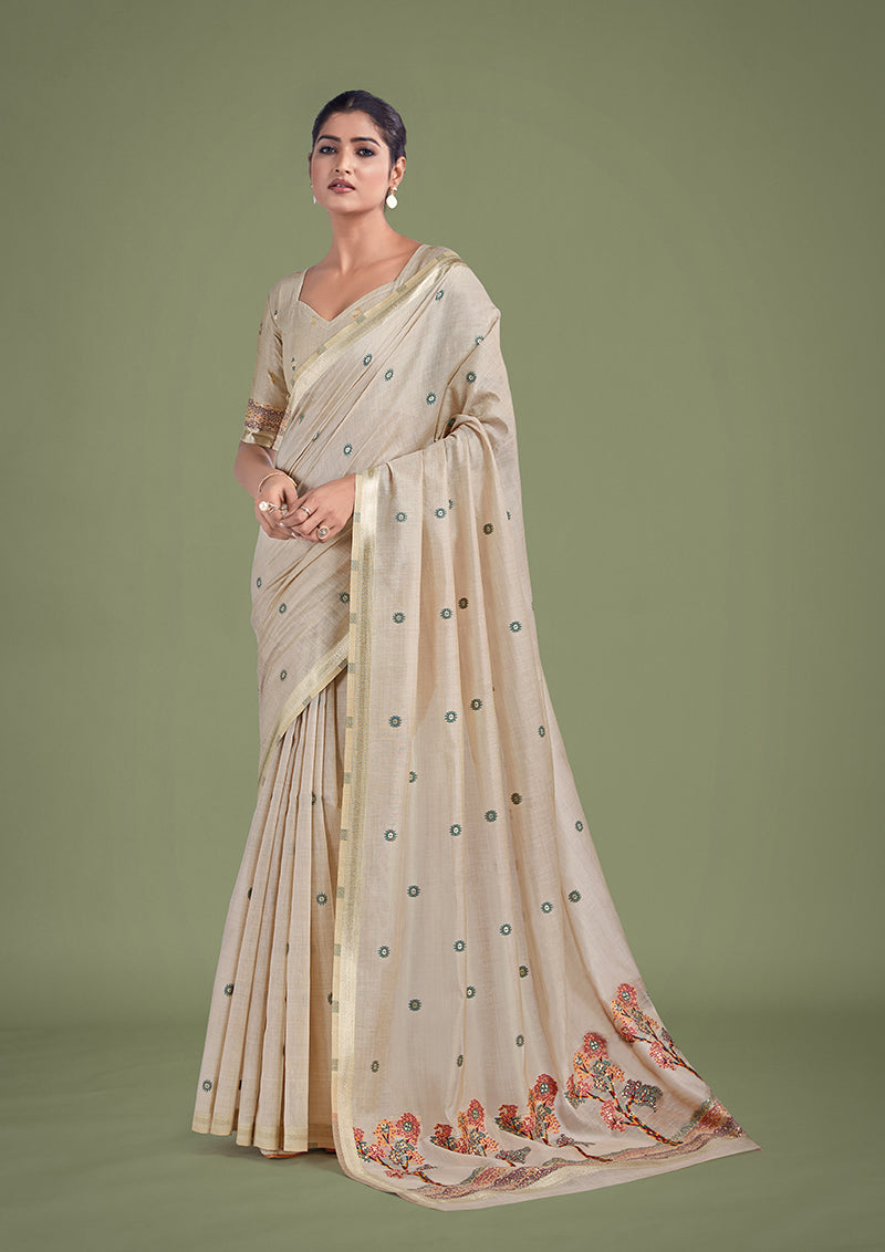 Monjolika Fashion Imaginative Beige & Maroon Woven Butti Pattern Cotton Silk Saree - Distacart