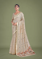 Monjolika Fashion Imaginative Beige & Maroon Woven Butti Pattern Cotton Silk Saree - Distacart
