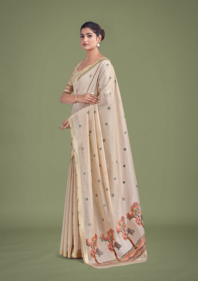 Monjolika Fashion Imaginative Beige & Maroon Woven Butti Pattern Cotton Silk Saree - Distacart